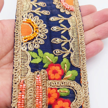 Navy Blue Art Silk Fabric Trim With Green, Orange, Red And Gold Floral Embroidery